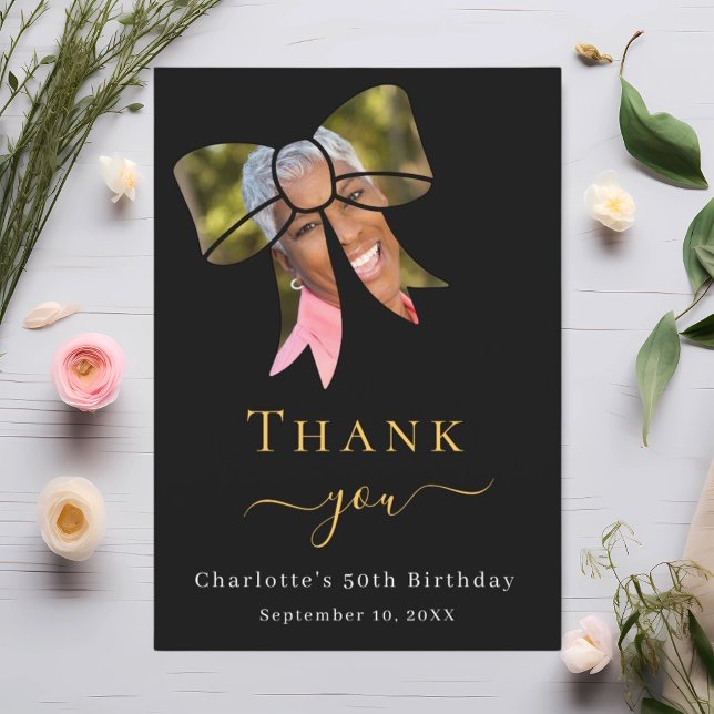 Birthday photo bow black thank you card (Creator Uploaded)