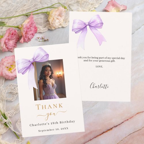 Birthday photo bow lavender ivory thank you card