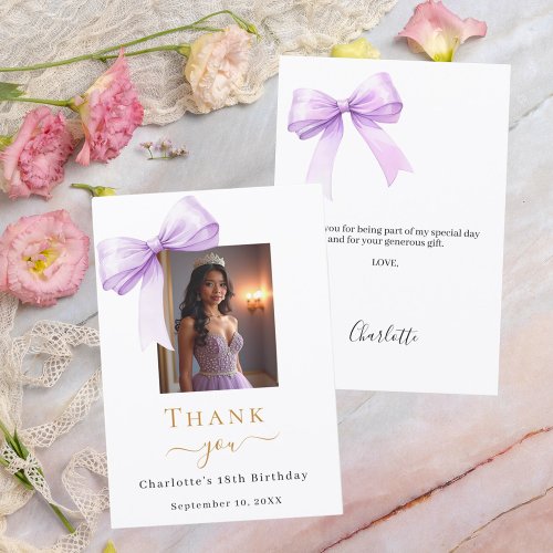 Birthday photo bow lavender thank you card