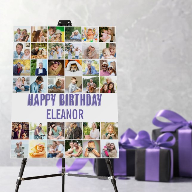 Birthday Photo Collage 36 Picture Grid Party Sign (Happy Birthday sign for easel or wall with 36 photo collage)