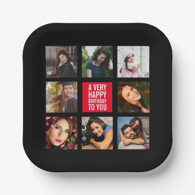 Birthday Photo Collage Black and Red Paper Plates (Front)