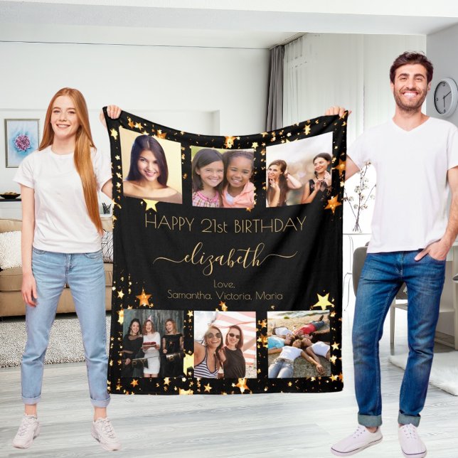 Birthday photo collage black gold best friends fleece blanket (Creator Uploaded)