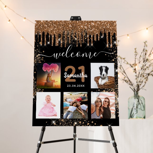 Birthday photo collage black gold glitter drips foam board (In Situ (Stand))