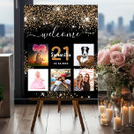 Birthday photo collage black gold glitter foam board<br><div class="desc">A welcome board for a 21st (or any age) birthday party, celebrating her life with a collage of 5 of your photos. Personalize and add a name, age 21 and a date. Date of birth or the date of the party. White and golden colored letters. Elegant black background, decorated with...</div>