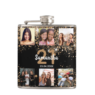 Birthday photo collage black gold glitter name flask