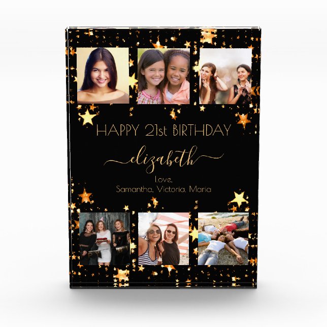 Birthday photo collage black gold stars friend acrylic award (Front)