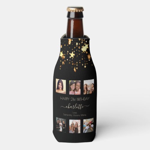 Birthday photo collage black gold stars friends bottle cooler