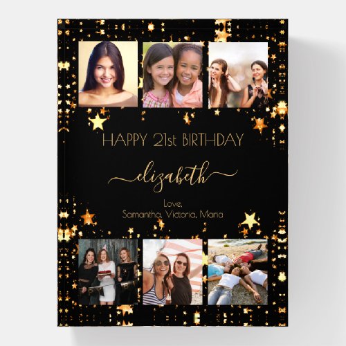 Birthday photo collage black gold stars friends paperweight