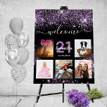 Birthday photo collage black purple glitter foam board<br><div class="desc">A welcome board for a 21st (or any age) birthday party, celebrating her life with a collage of 5 of your photos. Personalize and add a name, age 21 and a date. Date of birth or the date of the party. White and purple colored letters. Elegant black looking background, decorated...</div>