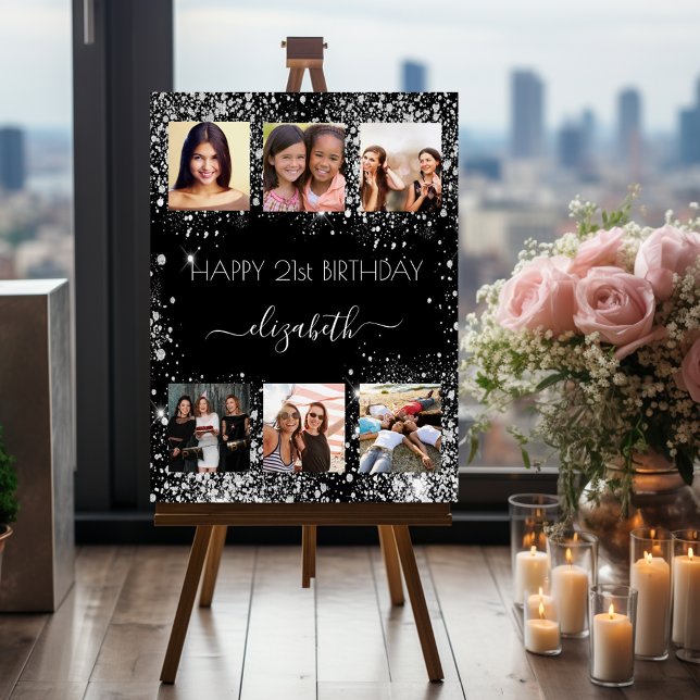 Birthday photo collage black silver glitter BFF Foam Board (Creator Uploaded)