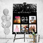 Birthday photo collage black silver glitter foam board<br><div class="desc">A welcome board for a 21st (or any age) birthday party, celebrating her life with a collage of 5 of your photos. Personalize and add a name, age 21 and a date. Date of birth or the date of the party. White and gray colored letters. Elegant black looking background, decorated...</div>