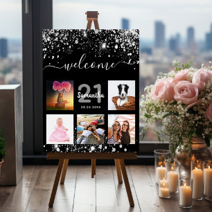 Birthday photo collage black silver glitter foam board