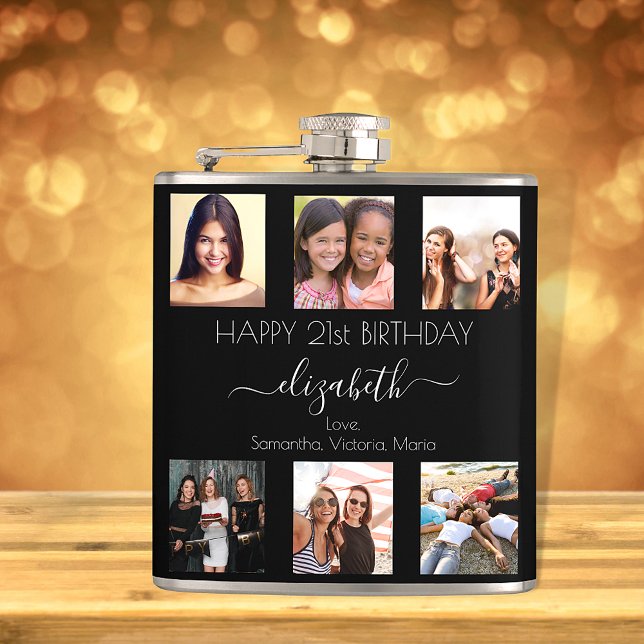 Birthday photo collage black white best friends flask (Creator Uploaded)
