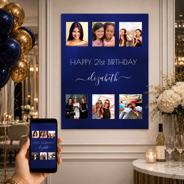 Birthday photo collage navy blue BFF Poster (Creator Uploaded)