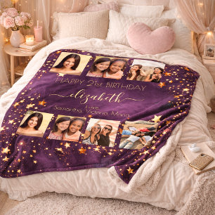Birthday photo collage purple gold best friends fleece blanket