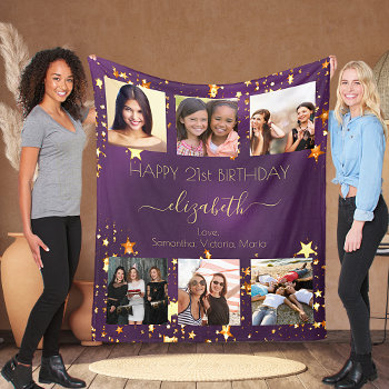 Birthday Photo Collage Purple Gold Best Friends  Fleece Blanket by EllenMariesParty at Zazzle
