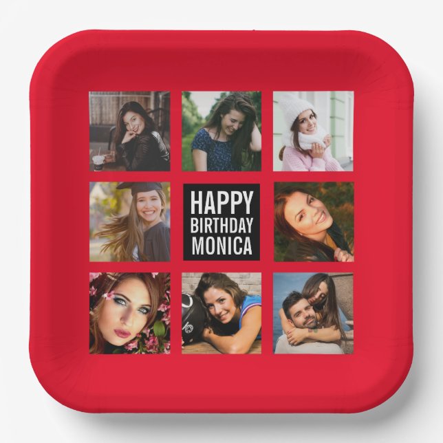 Birthday Photo Collage Red Paper Plate (Front)