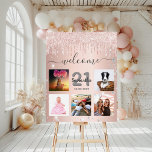 Birthday photo collage rose gold drips foam board<br><div class="desc">A welcome board for a 21st (or any age) birthday party, celebrating her life with a collage of 5 of your photos. Personalize and add a name, age 21 and a date. Date of birth or the date of the party. Gray colored letters. Elegant rose gold background, decorated with rose...</div>