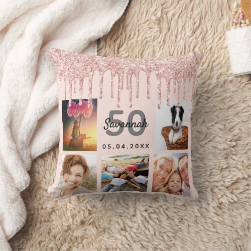 Birthday photo collage rose gold glitter pink throw pillow