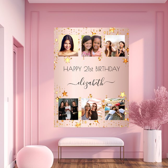 Birthday photo collage rose gold stars poster (Creator Uploaded)