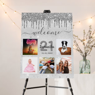 Birthday photo collage silver glitter drip welcome foam board
