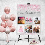 Birthday photo collage silver glitter pink welcome foam board<br><div class="desc">A welcome board for a Sweet 16, 16th (or any age) birthday party, celebrating her life with a collage of 5 of your photos. Personalize and add a name, age 16 and a date. Date of birth or the date of the party. Gray colored letters. Elegant faux silver metallic looking...</div>
