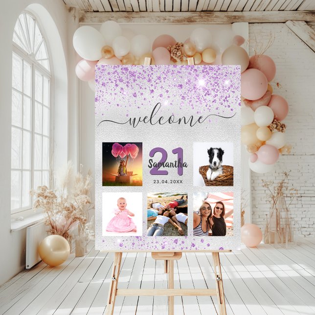 Birthday photo collage silver glitter purple foam board (Creator Uploaded)
