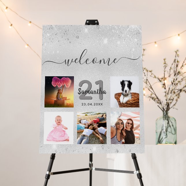 Birthday photo collage silver glitter welcome foam board (In Situ (Stand))