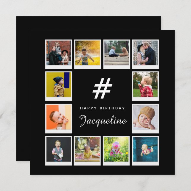 Birthday Photo Collage Template Any Age Name Black (Front/Back)