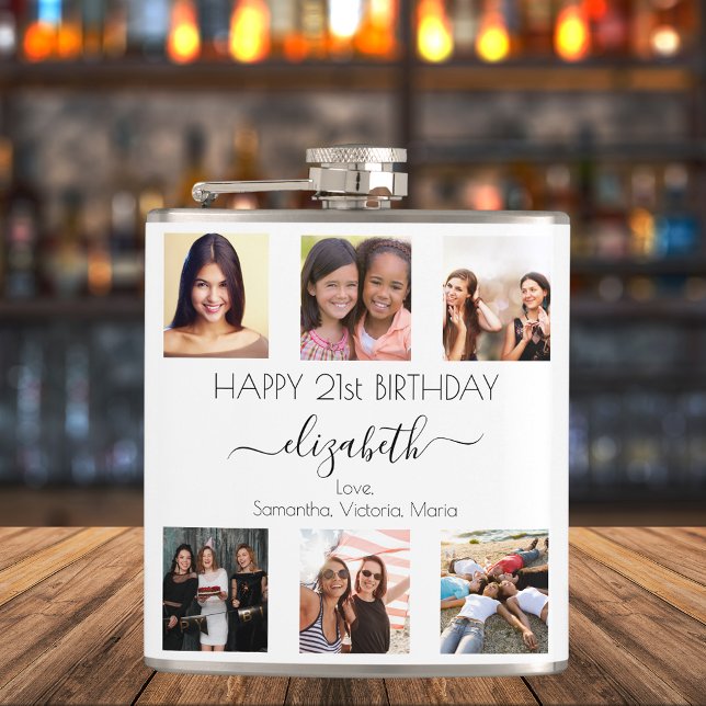 Birthday photo collage white best friends flask (Creator Uploaded)