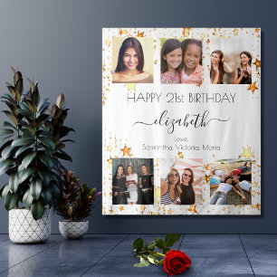 Birthday photo collage white gold best friends tapestry