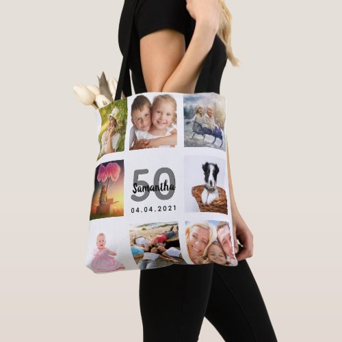 Birthday photo collage woman white tote bag
