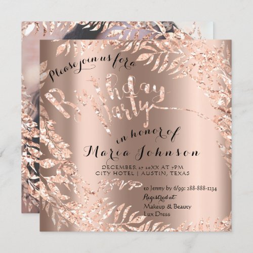 Birthday Photo Floral Framed Rose Gold Royal Invitation