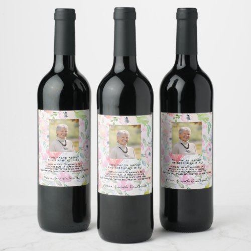 Birthday photo floral pink fun facts bio woman wine label