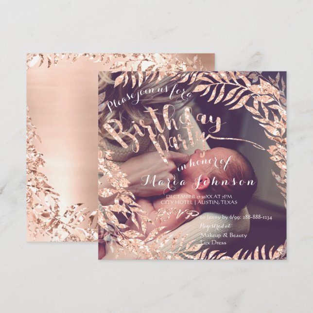 Birthday Photo Framed Rose Gold Blush Floral Invitation (Front/Back)