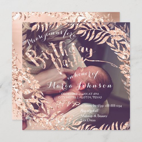 Birthday Photo Framed Rose Gold Blush Floral Invitation