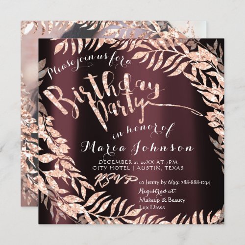 Birthday Photo Framed Rose Gold Maroon Royal Invitation