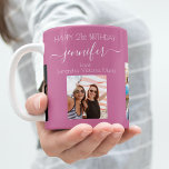 Birthday photo friend names dark pink coffee mug<br><div class="desc">A gift from friends for a woman's 21st birthday, celebrating her life with 3 of your photos of her, her friends, family, interest or pets. Personalize and add her name, age 21 and your names. A dark pink colored background. Her name is written with a modern hand lettered style script...</div>