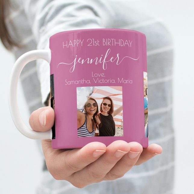 Birthday photo friend names dark pink coffee mug (Creator Uploaded)