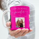 Birthday photo friend names hot pink coffee mug<br><div class="desc">A gift from friends for a woman's 21st birthday, celebrating her life with 3 of your photos of her, her friends, family, interest or pets. Personalize and add her name, age 21 and your names. A trendy hot pink background. Her name is written with a modern hand lettered style script...</div>