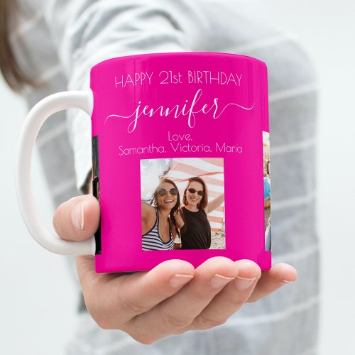 Birthday photo friend names hot pink coffee mug