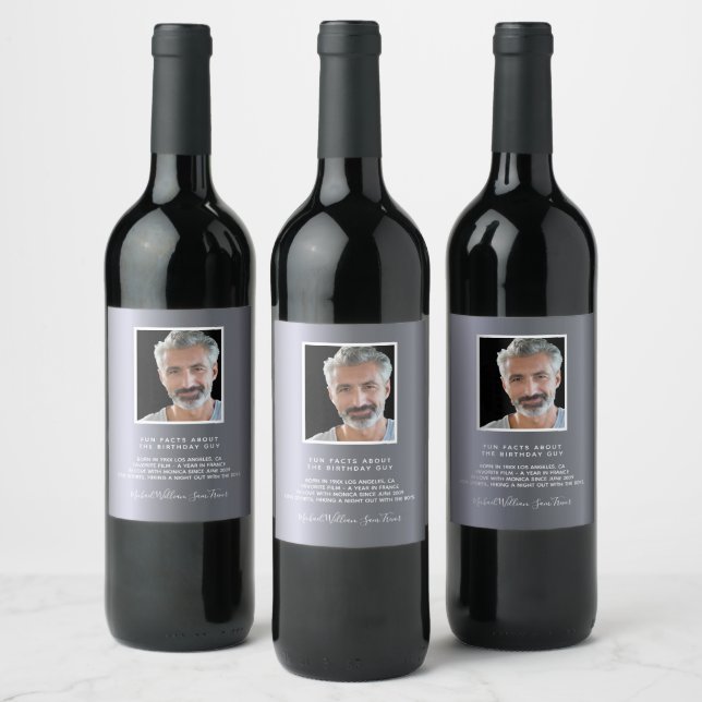 Birthday photo fun facts bio fun guy silver fox wine label (Bottles)