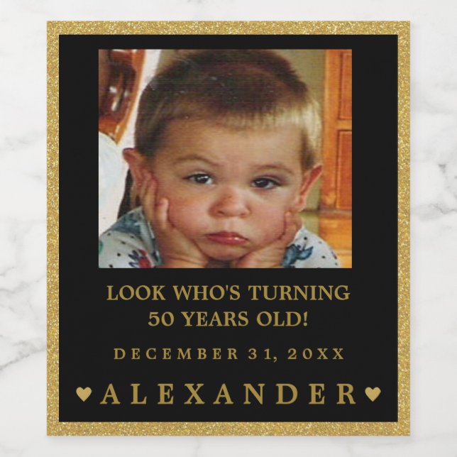 Birthday Photo Gold Glitter Look Sparkling Wine or Label (Single Label)