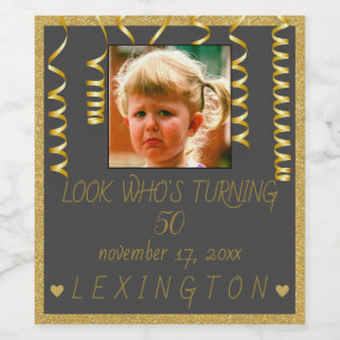 Birthday Photo Gold Glitter Look Sparkling Wine or Wine Label
