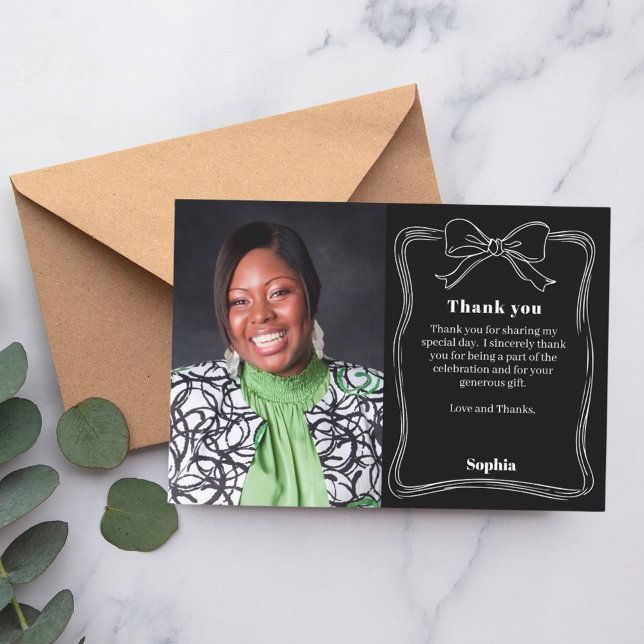 Birthday photo hand-drawn bow black white thank you card (Creator Uploaded)