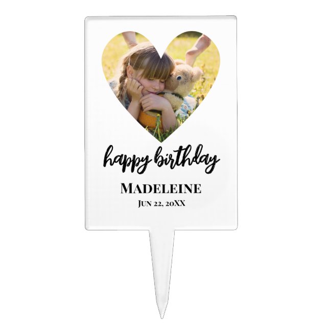 Birthday Photo Heart Frame Modern Calligraphy Cake Topper (Front)
