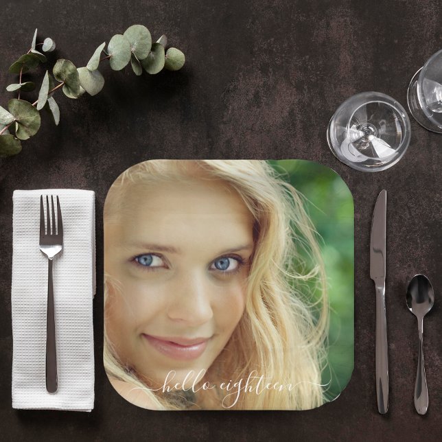 Birthday photo hello 18 eighteen text paper plates (Creator Uploaded)