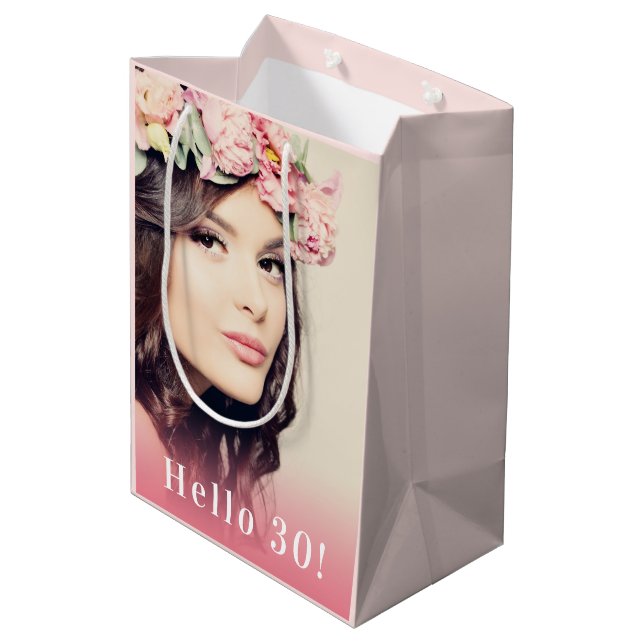 Birthday photo hello 30 rose gold medium gift bag (Back Angled)