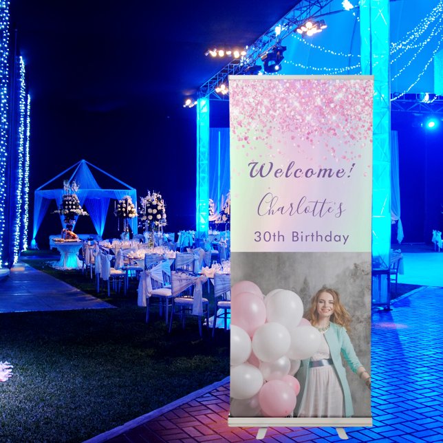 Birthday photo holographic pink welcome retractable banner (Creator Uploaded)