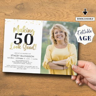 Birthday Photo Making AGE Look Good Black Gold Invitation